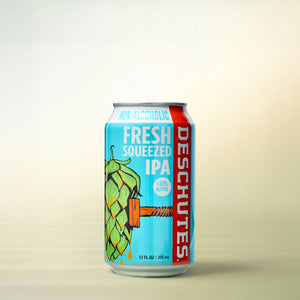 Deschutes Fresh Squeezed, non-alcoholic beer, single can on a soft gradient background