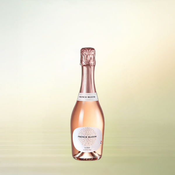 French Bloom Le Rosé non-alcoholic sparkling wine, 375 ml half bottle on cream background
