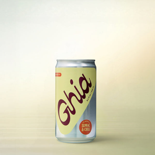 Ghia Le Spritz Sumac + Chili (8.4 oz can), alcohol-free functional beverage, can on a soft gradient background