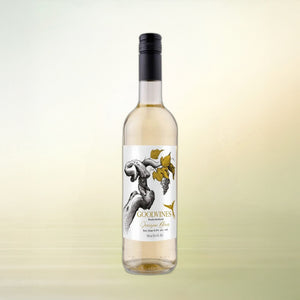 Goodvines Sauvignon Blanc non-alcoholic wine, 750 ml bottle on cream background