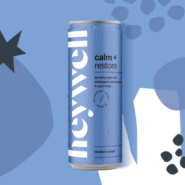 Heywell Calm + Restore Blackberry Ginger alcohol-free sparkling water can on illustrated blue background