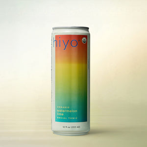 hiyo Watermelon Lime Seltzer, alcohol-free functional wellness beverage, can on a soft gradient background