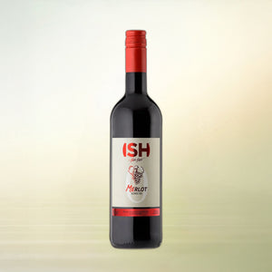 Ish Château French Merlot non-alcoholic wine, 750 ml bottle on cream background