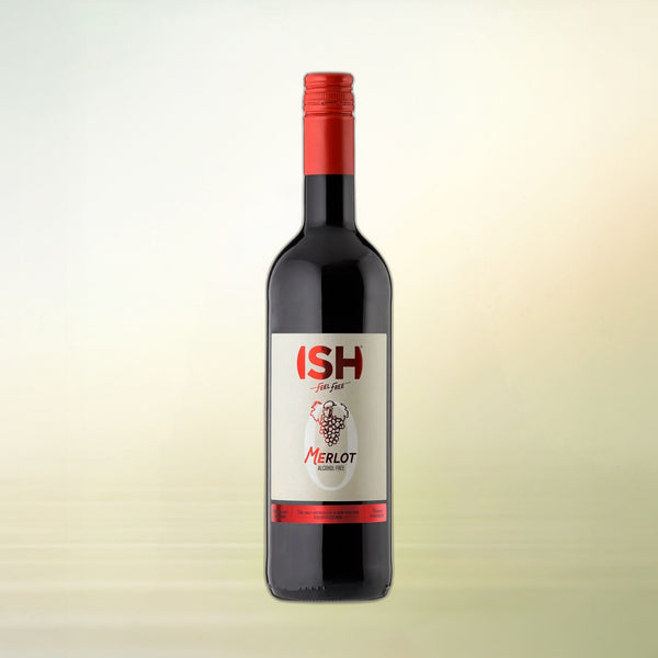 Ish Château French Merlot non-alcoholic wine, 750 ml bottle on cream background