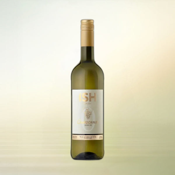 ISH Chardonnay non-alcoholic wine bottle on cream background
