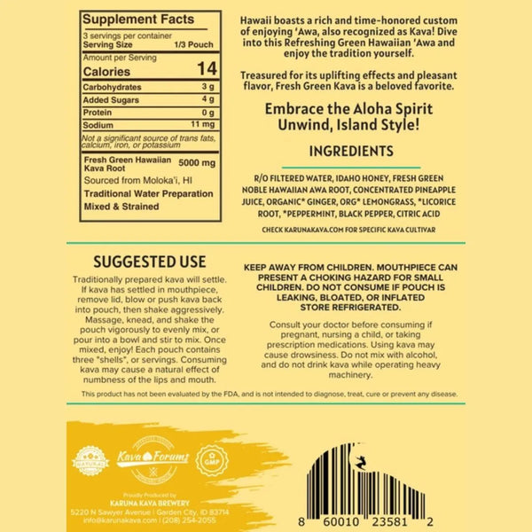Karuna Kava Pineapple Ginger Fresh Green Hawaiian kava pouch, 12oz triple shell