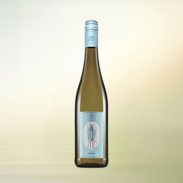 Leitz Eins Zwei Zero Riesling non-alcoholic wine bottle on cream background