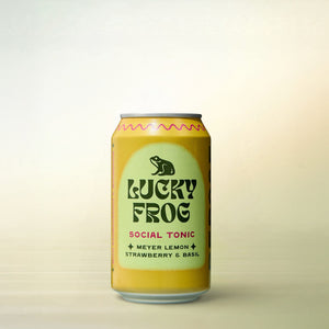 Lucky Frog Beverages Meyer Lemon Basil Strawberry, alcohol-free, can on a soft gradient background