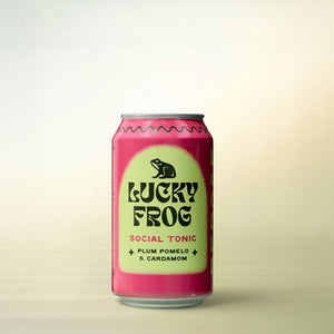 Lucky Frog Beverages Plum Pomelo, alcohol-free, can on a soft gradient background