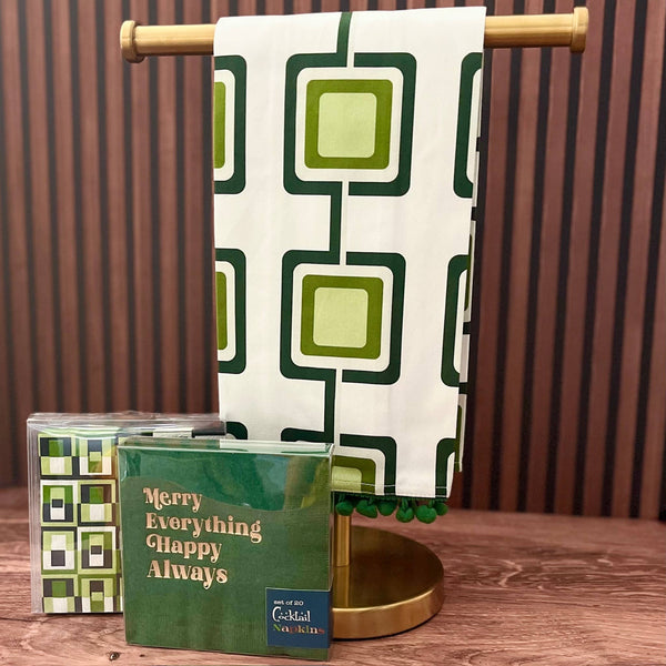 Mod Lounge Paper Company - Retro Square Green Mid Century Modern Bar Kitchen Tea Towel, alcohol-free