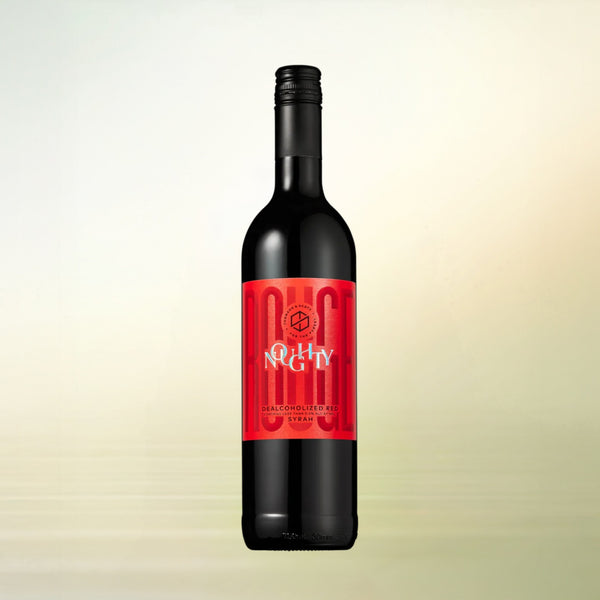 Noughty Rouge non-alcoholic wine bottle on cream background
