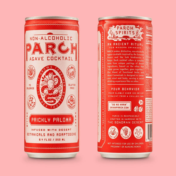 PARCH Prickly Paloma alcohol-free agave cocktail cans showing front and back labels