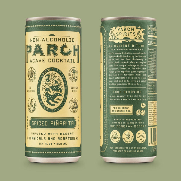 PARCH Spiced Pinarita alcohol-free agave cocktail can shown in front and back label views
