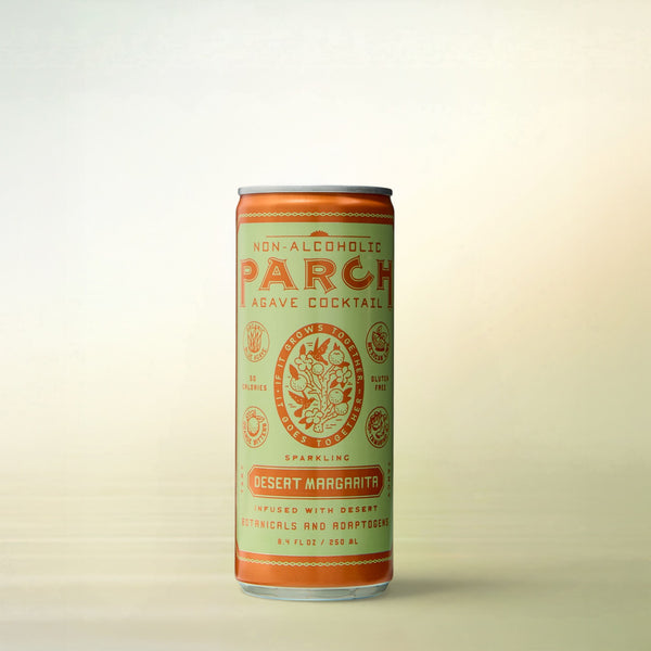 Parch Spirits Co. PARCH Desert Margarita, alcohol-free functional cocktail, can on a soft gradient background