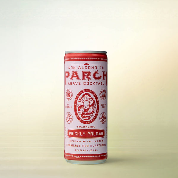 Parch Spirits Co. PARCH Prickly Paloma Agave Cocktail, alcohol-free, can on a soft gradient background