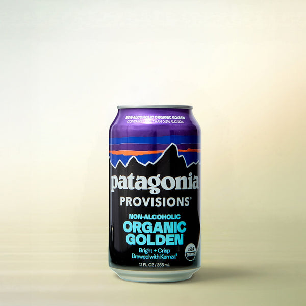 Patagonia Provisions x Deschutes Brewery Kernza Golden Brew, non-alcoholic beer, single can on a soft gradient background