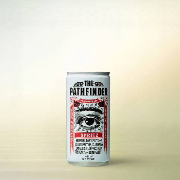 Pathfinder Spritz, alcohol-free functional cocktail, can on a soft gradient background