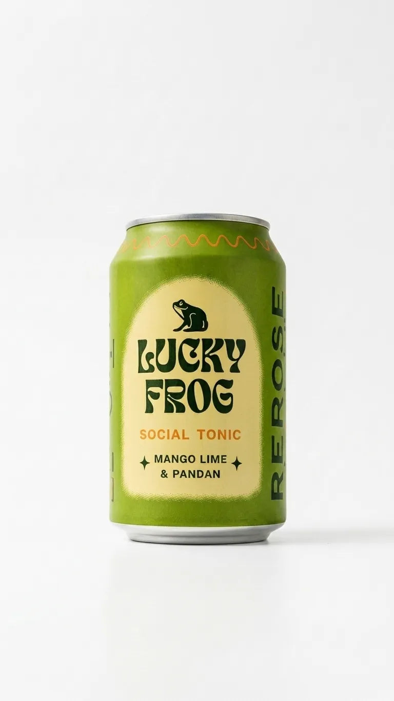 Green can of Lucky Frog Social Tonic, Mango Lime & Pandan flavor, on a white background