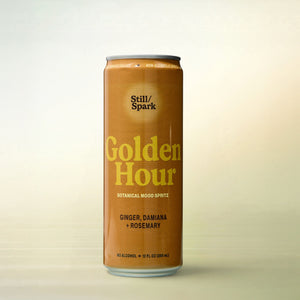 Still/Spark Golden Hour (Ginger, Damiana + Rosemary), alcohol-free functional wellness beverage, can on gradient background