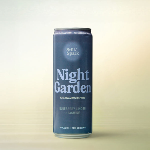 Still/Spark Night Garden (Blueberry, Linden + Jasmine), alcohol-free functional wellness beverage, can on gradient background