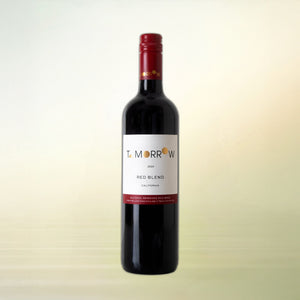 Tomorrow Cellars Red Blend non-alcoholic wine bottle on cream background