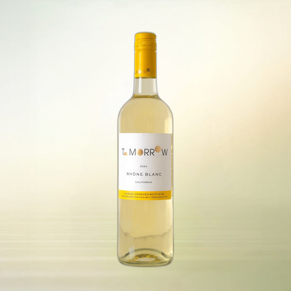 Tomorrow Cellars Rhône Blanc non-alcoholic wine bottle on cream background
