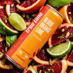 Tree Time Blood Orange Lime THC seltzer — 12 oz can, 5 mg THC and 5 mg CBD