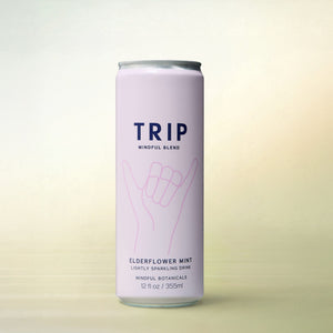Trip Mindful Blend Elderflower Mint, alcohol-free functional wellness beverage, can on a soft gradient background