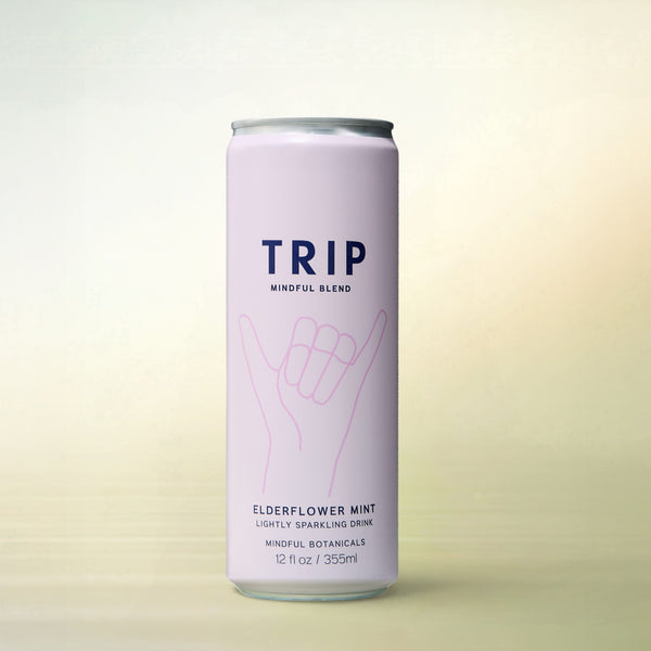 Trip Mindful Blend Elderflower Mint, alcohol-free functional wellness beverage, can on a soft gradient background
