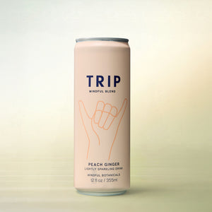 Trip Mindful Blend Peach Ginger, alcohol-free functional wellness beverage, can on a soft gradient background