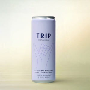 Trip Mindful Blend Raspberry Blossom, alcohol-free functional wellness beverage, can on a soft gradient background
