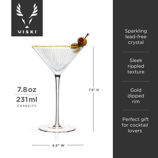 Viski - Deco Meridian Gold-Rimmed Crystal Martini Glasses - Set of 2, alcohol-free