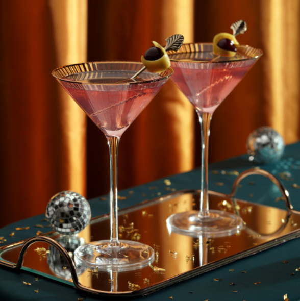 Viski - Deco Meridian Gold-Rimmed Crystal Martini Glasses - Set of 2, alcohol-free