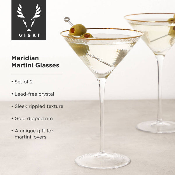 Viski - Deco Meridian Gold-Rimmed Crystal Martini Glasses - Set of 2, alcohol-free
