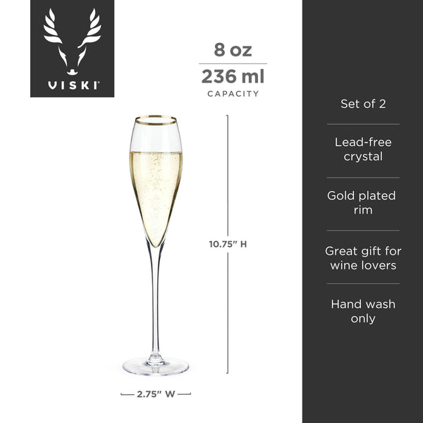 Viski - Gold-Rimmed Crystal Champagne Flutes - Set of 2, alcohol-free