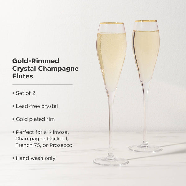 Viski - Gold-Rimmed Crystal Champagne Flutes - Set of 2, alcohol-free