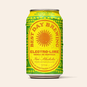 Best Day Brewing Electro-Lime Cerca de Cerveza non-alcoholic beer can with green and yellow front label