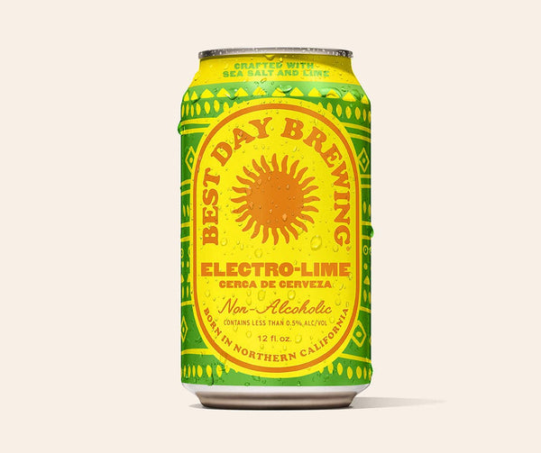 Best Day Brewing Electro-Lime Cerca de Cerveza non-alcoholic beer can with green and yellow front label